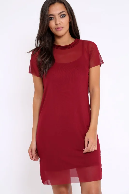 Wine Mesh Overlay T-Shirt Dress - Selena