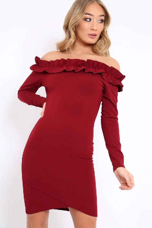 Wine Ruffle Bardot Bodycon Dress - Alix