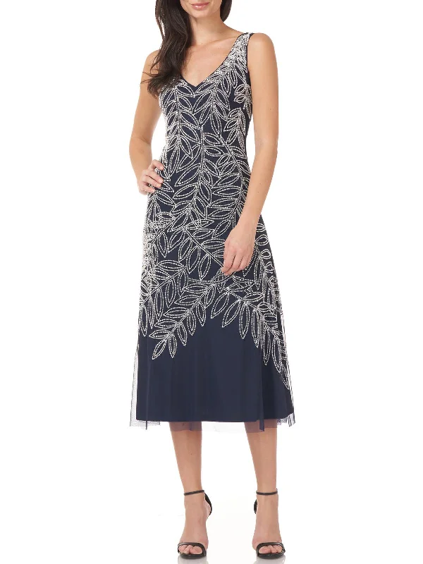 Womens Beaded Midi Cocktail and Party Dress