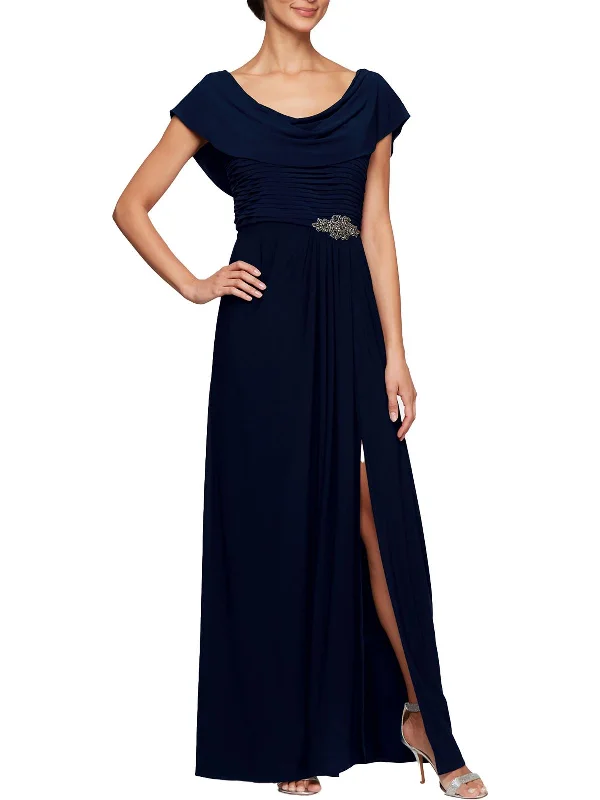 Womens Crowlneck Embellished Evening Dress