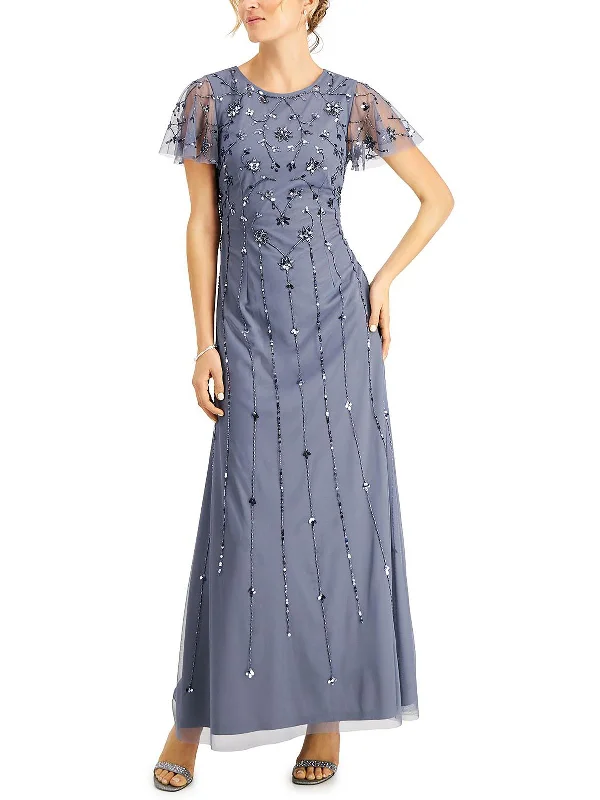 Womens Embellished Flutter Sleeve Evening Dress