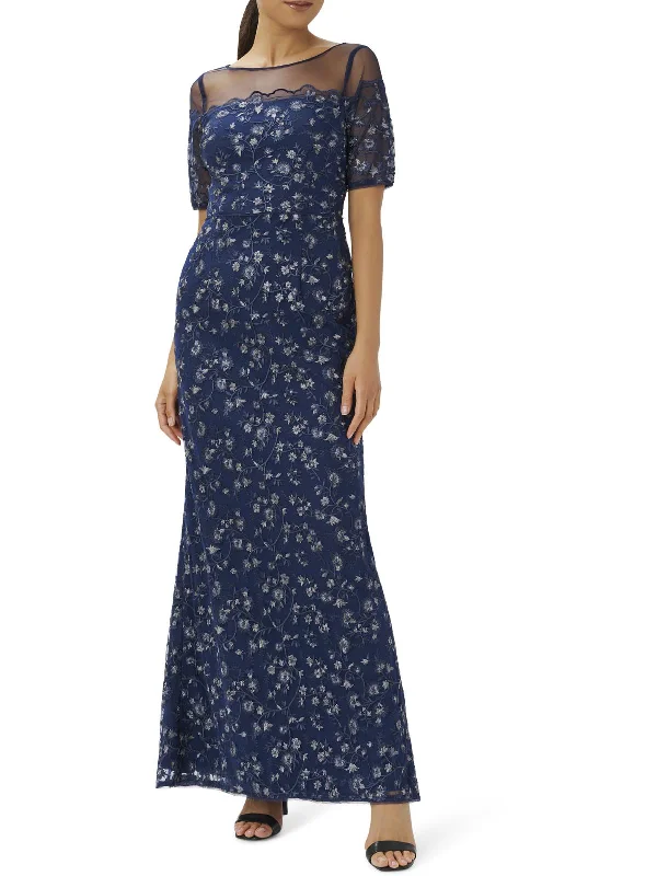 Womens Embroidered Illusion Evening Dress