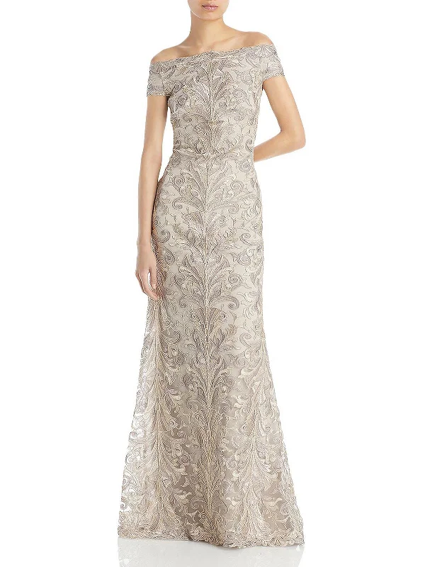 Womens Embroidered Lace Evening Dress