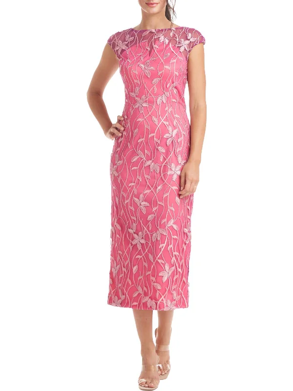 Womens Embroidered Midi Cocktail and Party Dress