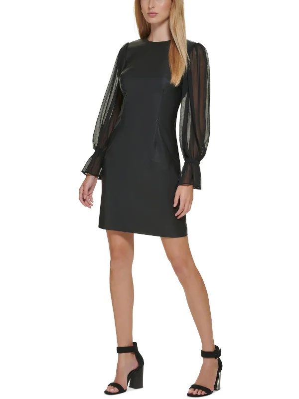 Womens Faux Leather Knee Sheath Dress