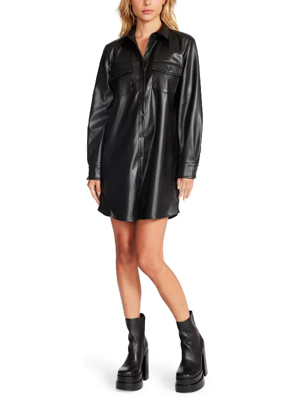 Womens Faux Leather Mini Shirtdress