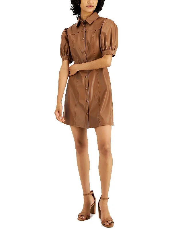 Womens Faux Leather Puff Sleeves Shirtdress