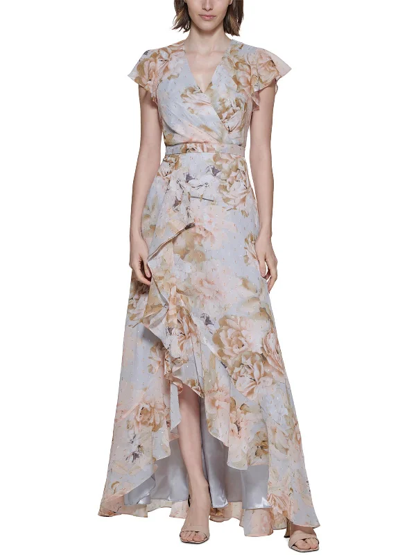 Womens Floral Print Ruffled Evening Dress