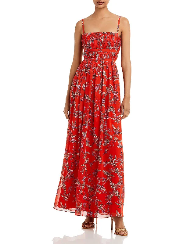 Womens Floral Square Neck Evening Dress