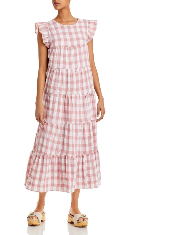 Womens Gingham Midi Babydoll Dress