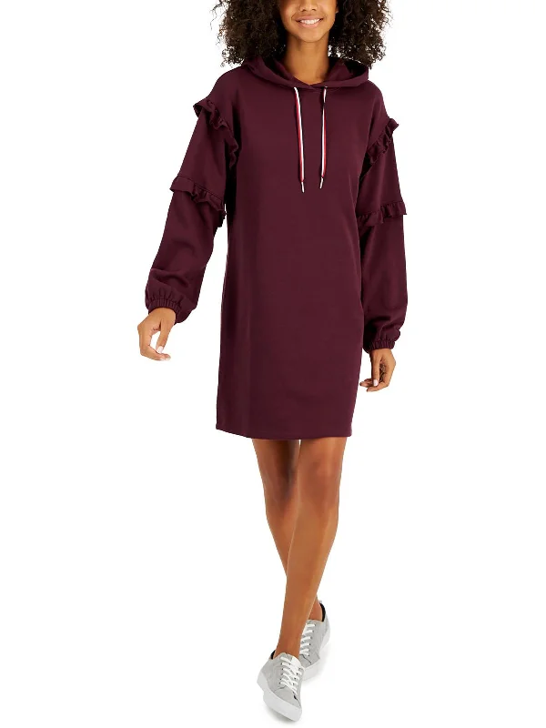 Womens Hooded Ruffled Sweatshirt Dress