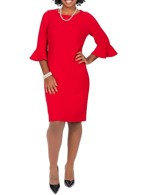 Womens Knit Ruffle-Seeves Sheath Dress