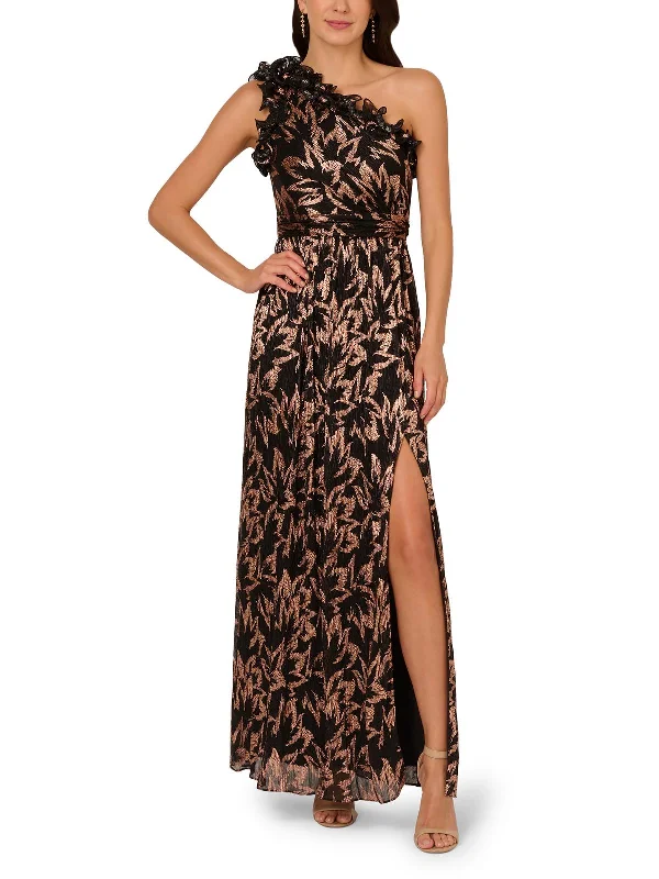 Womens Metallic One Shoulder Evening Dress