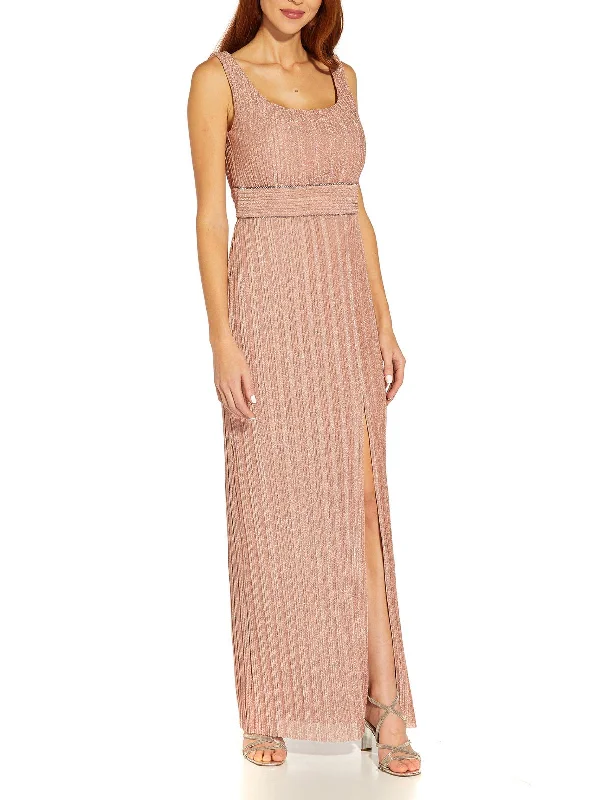 Womens Metallic Pleated Evening Dress