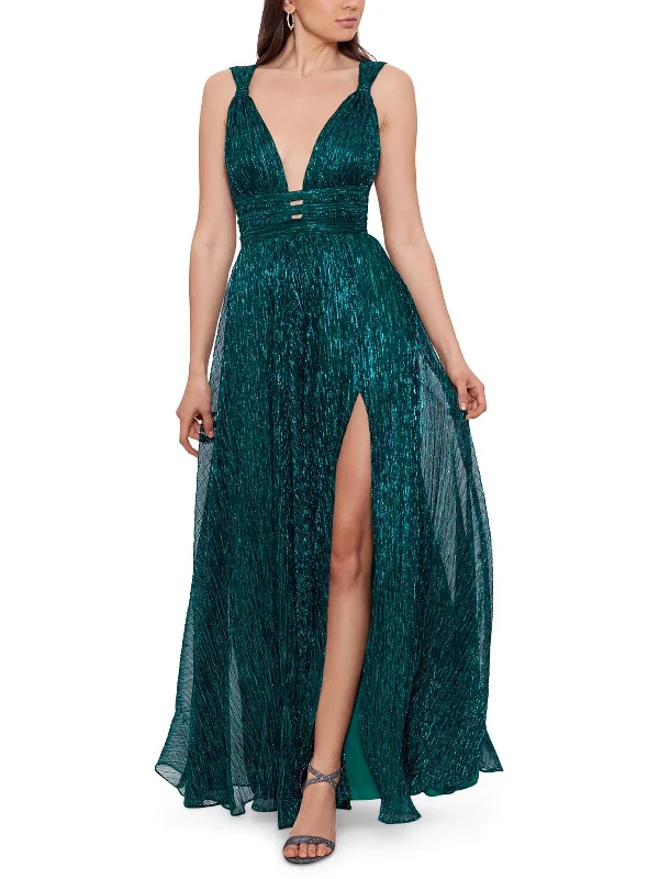 Womens Metallic Plunging Evening Dress