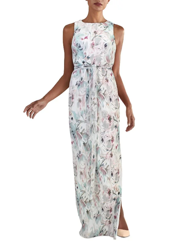 Womens Pleated Floral Evening Dress