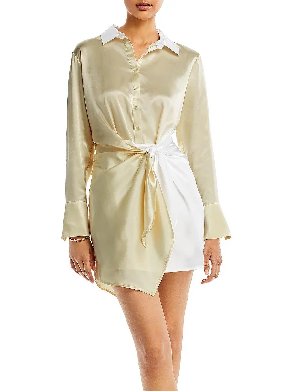 Womens Satin Above Knee Shirtdress