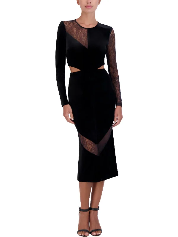 Womens Velvet Lace Trim Cocktail And Party Dress