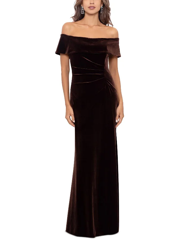 Womens Velvet Ruched Evening Dress