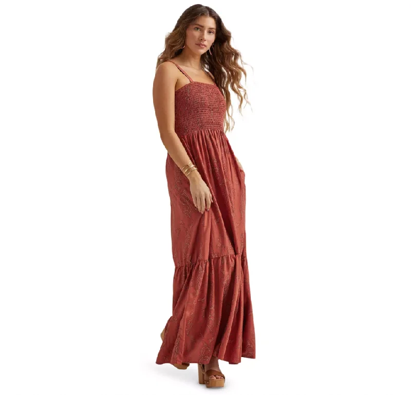 Womens Retro Boot Stitch Print Smocked Maxi Dress - Paprika