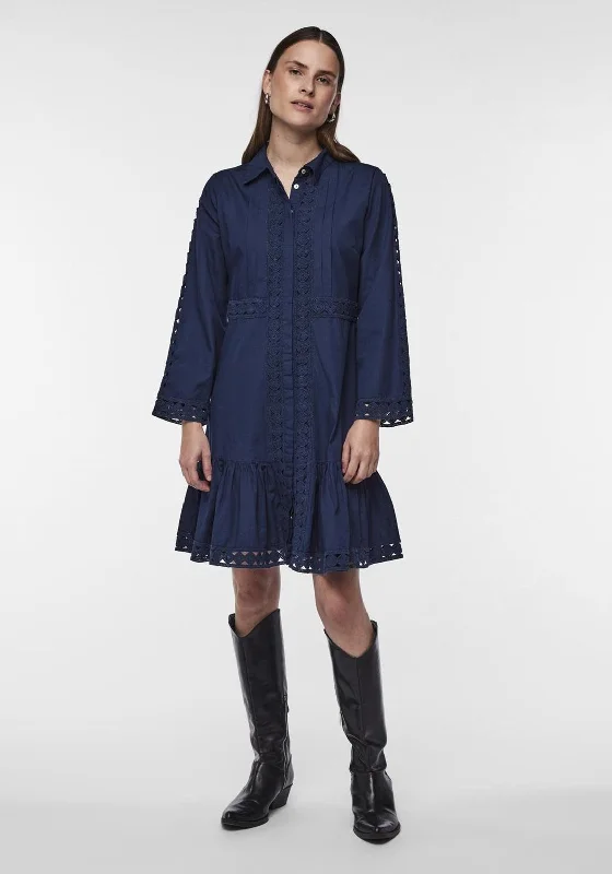 Y.A.S Janna Crochet Trim Mini Shirt Dress, Dark Blue