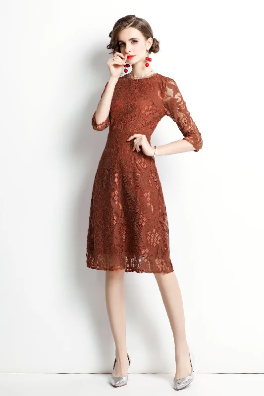 Brown Cocktail & Party A-line Crewneck Elbow Sleeve Knee Lace Dress