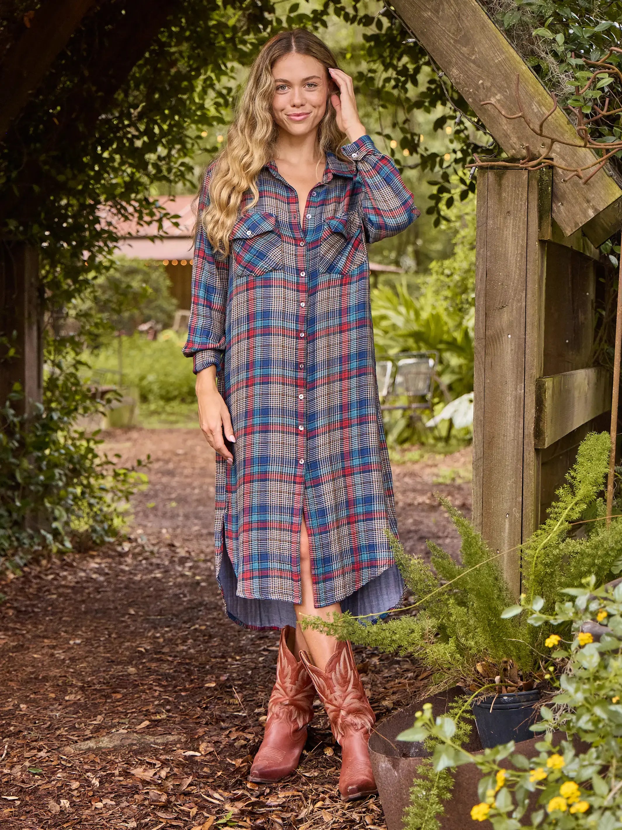 Cooper Flannel Shirt Dress - Navy Red Plaid