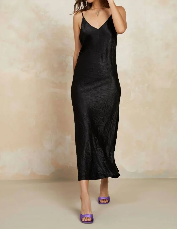 Crinkle Slip Dress With Lace Back In Black