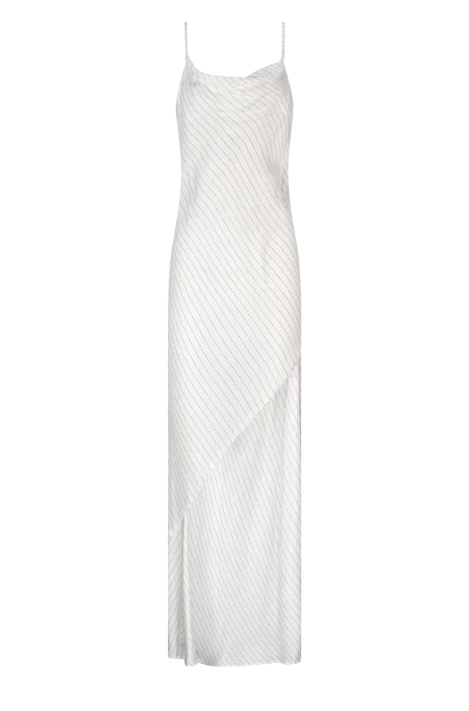 CURAAE Bella Maxi Cowl Neck Pinstripe Slip Dress In White