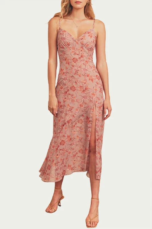 Floral-Print Tie-Detailed Midi Slip Dress In Mauve/Multi