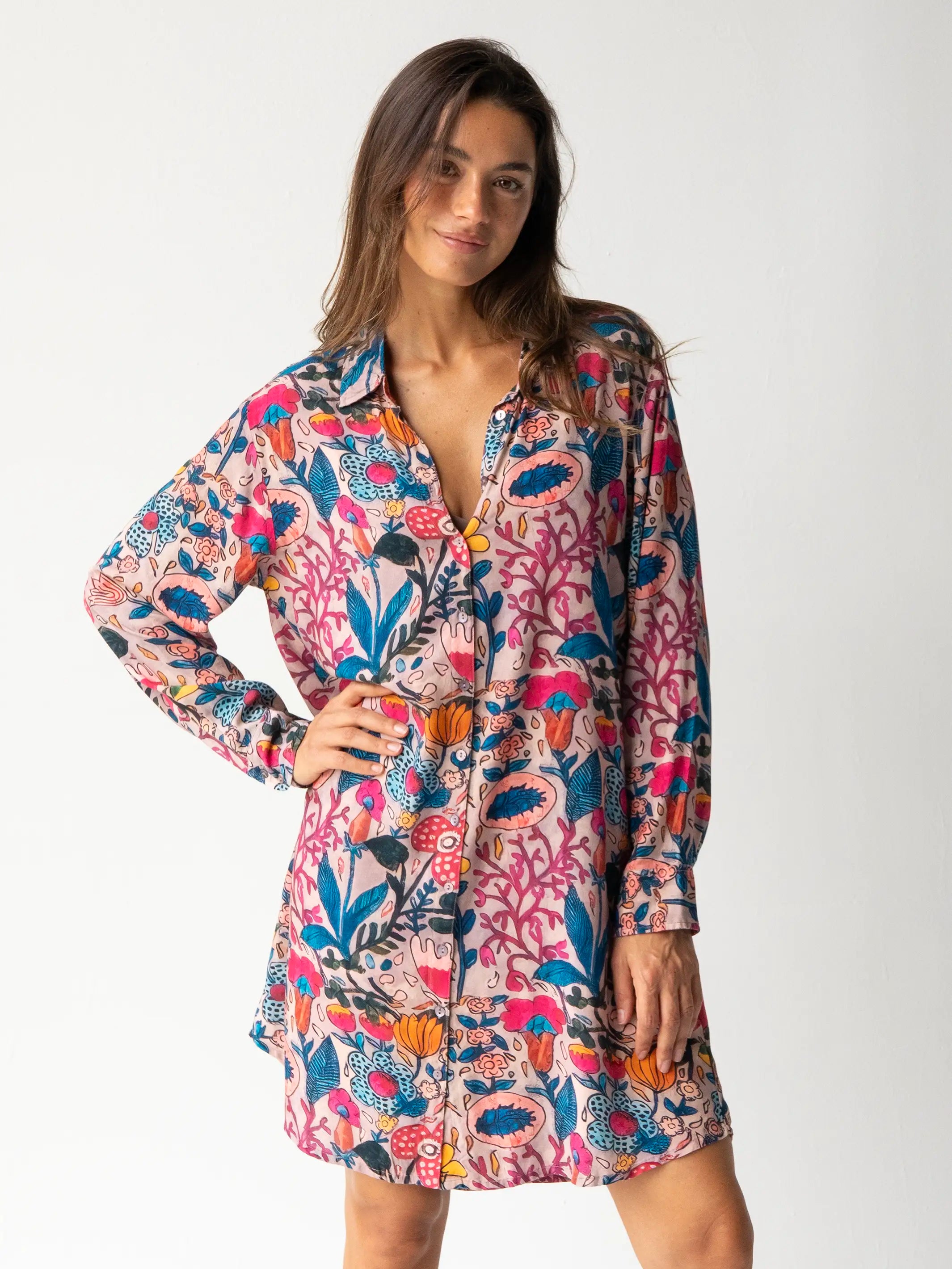 Georgia Shirt Dress - Light Pink Multi Floral