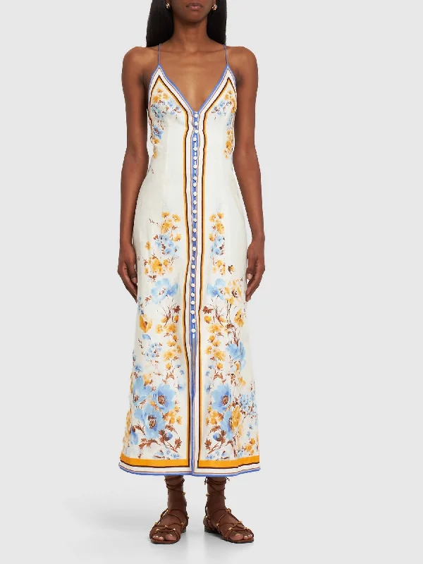 Halcyon Printed Linen Maxi Slip Dress In Orange/blue Floral