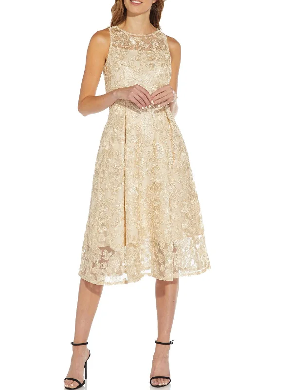 Plus Womens Embroidered Midi Cocktail and Party Dress