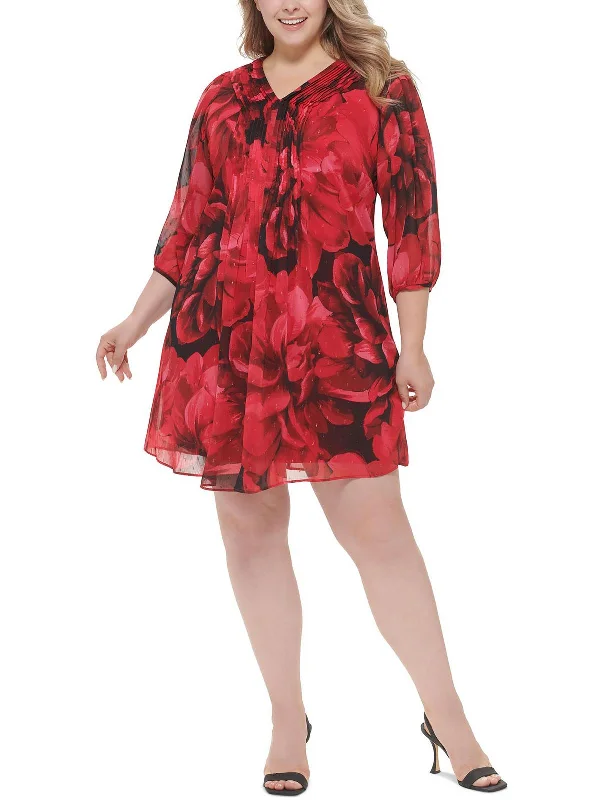 Plus Womens Floral Pintuck Cocktail and Party Dress