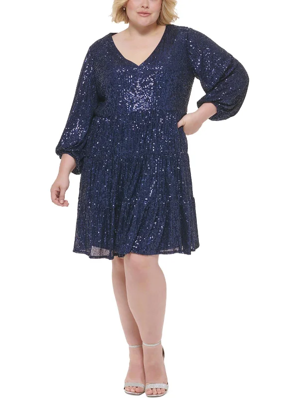 Plus Womens Mesh Sequined Cocktail and Party Dress