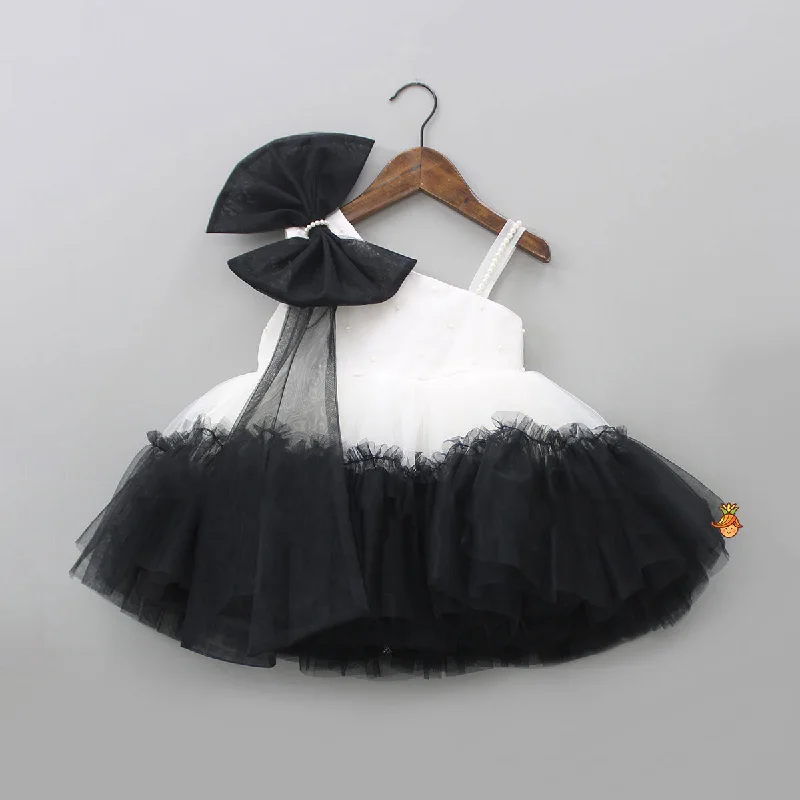 Pre Order: Classic Pearls Embellished Black And White Bowie Party Dress