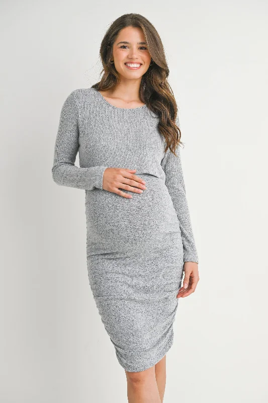 Ribbed Double Layer Long Sleeve Side Ruched Maternity Nursing Friendly Dress