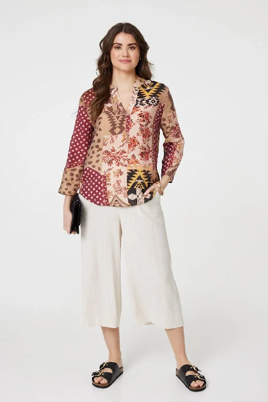 Patchwork Print Curve Hem Blouse