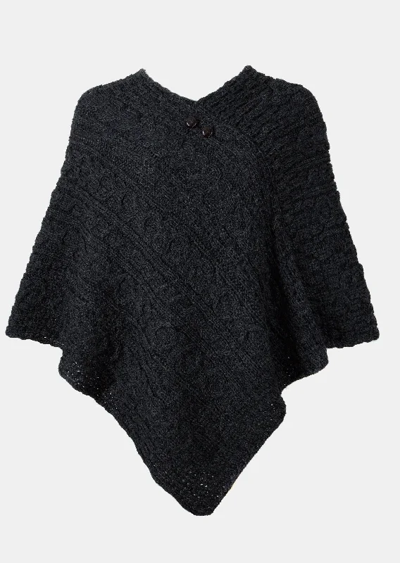 Aran Cable Knit Wool Poncho | Charcoal