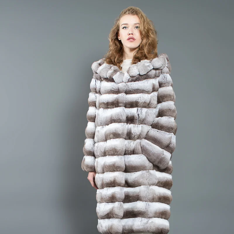 Chinchilla Fur Coat with Hood beige