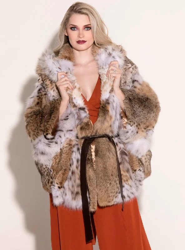 Bobcat Fur Cape with Hood & Detachable Leather Belt