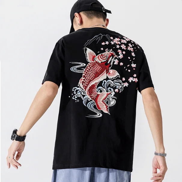 Carp Embroidery 100% Cotton Short Sleeve Unisex T-shirt