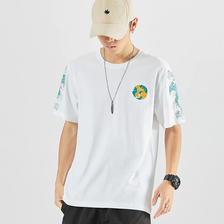 Dragon Embroidery 100% Cotton Short Sleeve Unisex T-shirt