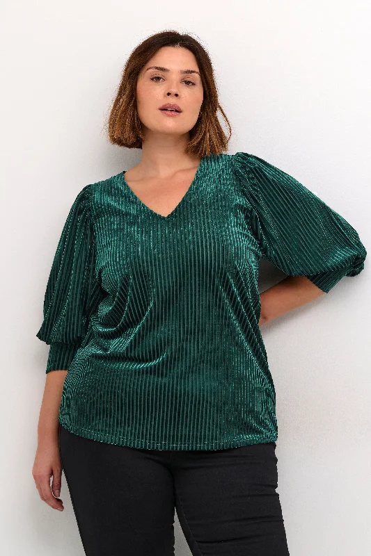 flessengroene blouse met fijne velvet strepen