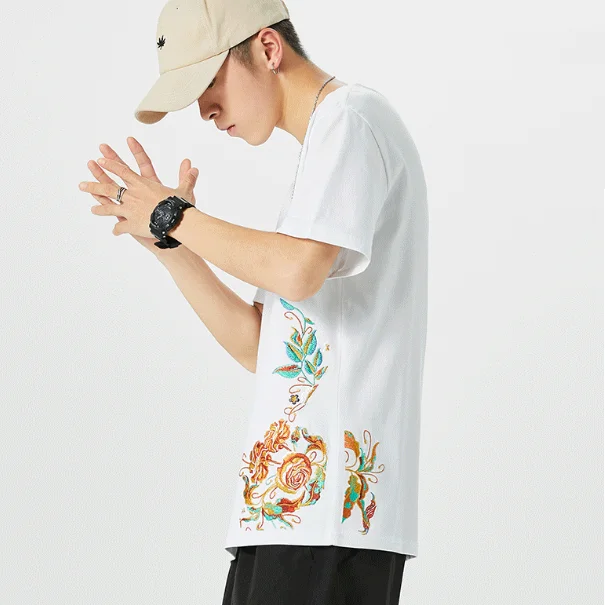 Floral Embroidery 100% Cotton Short Sleeve Unisex T-shirt