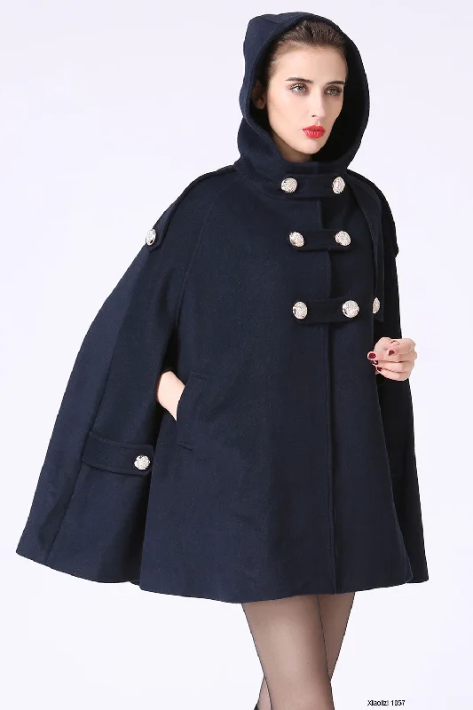 Double breasted wool cape coat with hood 1057#