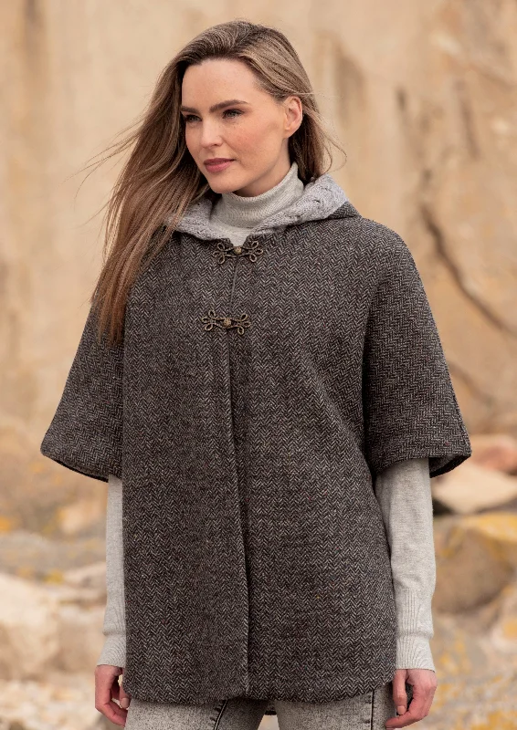 Aran Lined Hooded Tweed Cape | Charcoal