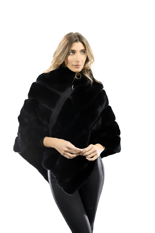 La Fiorentina -  Rex Rabbit Poncho with Zipper - Black