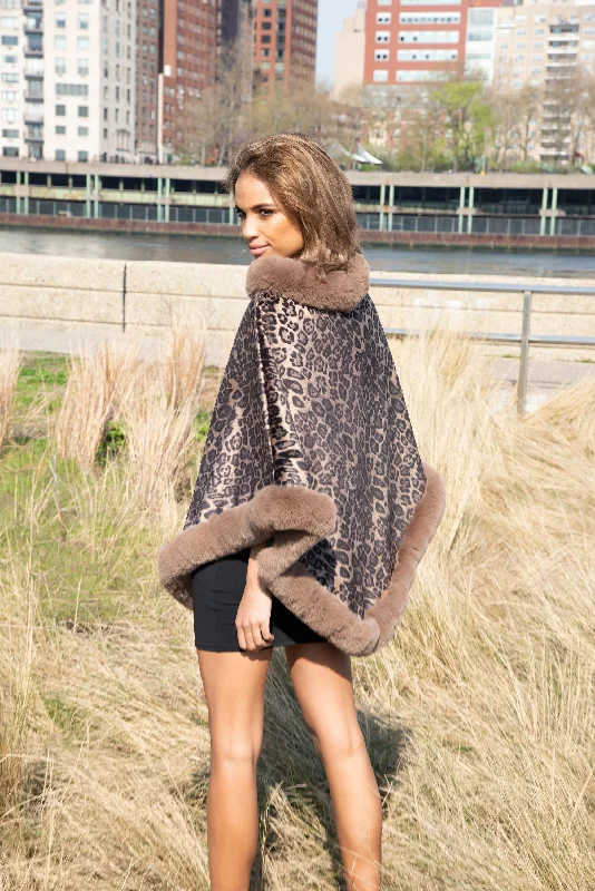 Leopard Poncho with Faux Fur Trim-Brown