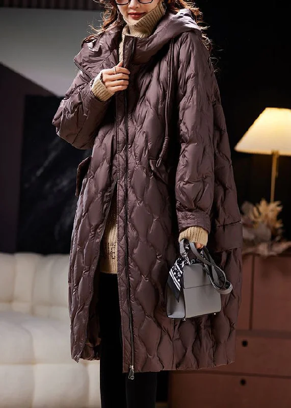 Loose Coffee Hooded Pockets Winter Coat